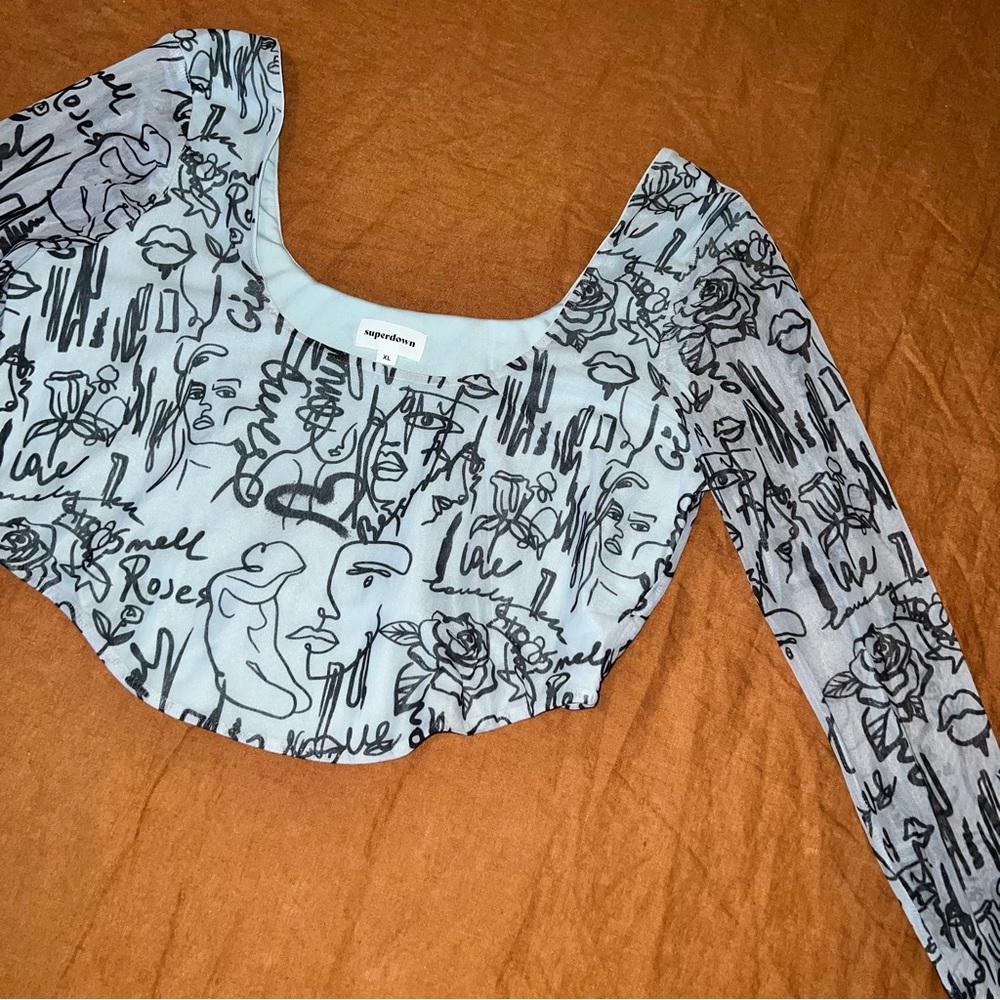 NEVER WORN! Sheer Baby Blue Drawings Crop Top